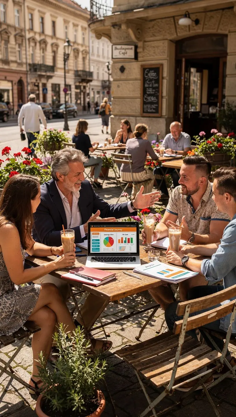 Személyes pénzügyi tervezőkönyv és célkitűző rendszer asztalon, tollal és jegyzetfüzettel, professzionális környezetben.